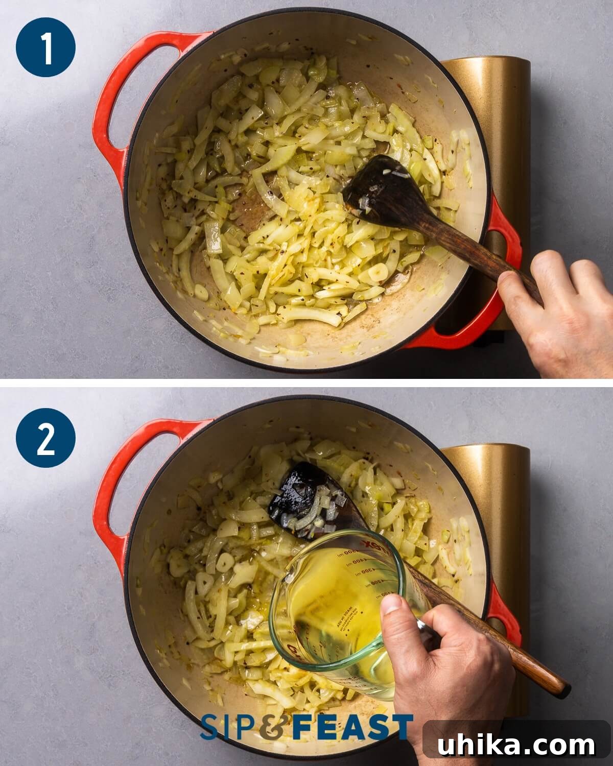 Cioppino A Robust Maritime Feast 5 A two-panel collage showing the first steps of making cioppino. The top panel shows diced onion and fennel sautéing in a large Dutch oven with olive oil and butter. The bottom panel shows white wine being poured into the pot to deglaze.