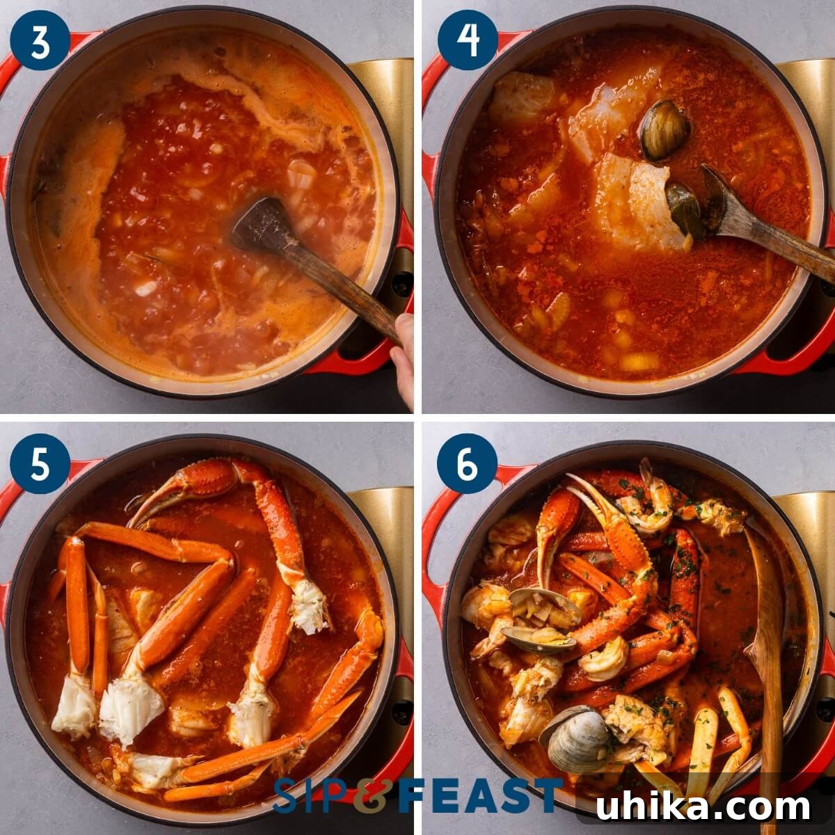Cioppino A Robust Maritime Feast 6 A four-panel collage showing the cooking process of cioppino. Panel 1: Broth simmering. Panel 2: Adding fish and clams to the pot. Panel 3: Adding crab legs and shrimp. Panel 4: The finished, vibrant seafood stew in the pot.