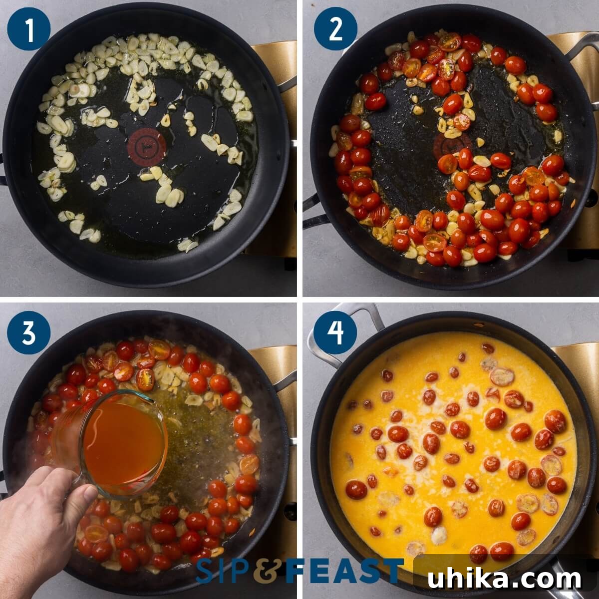 Weeknight Creamy Seafood Pasta 5 Recipe process shot collage group one showing sauteing of garlic, adding tomatoes to pan, adding wine and stock, and adding cream and bringing sauce to a simmer.