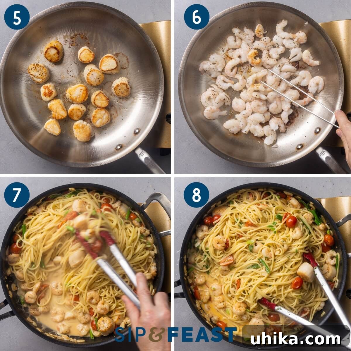 Weeknight Creamy Seafood Pasta 6 Collage two showing searing the scallops, searing the shrimp, mixing the pasta and seafood into the sauce, and the finished pasta.