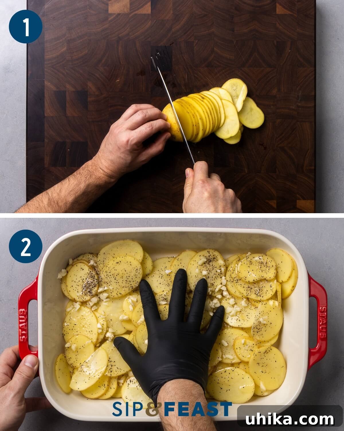 Zesty Lemon Garlic Cod with Golden Potatoes 5 Recipe process shot collage showing thinly sliced potatoes, and mixing them with garlic and butter in a baking dish.