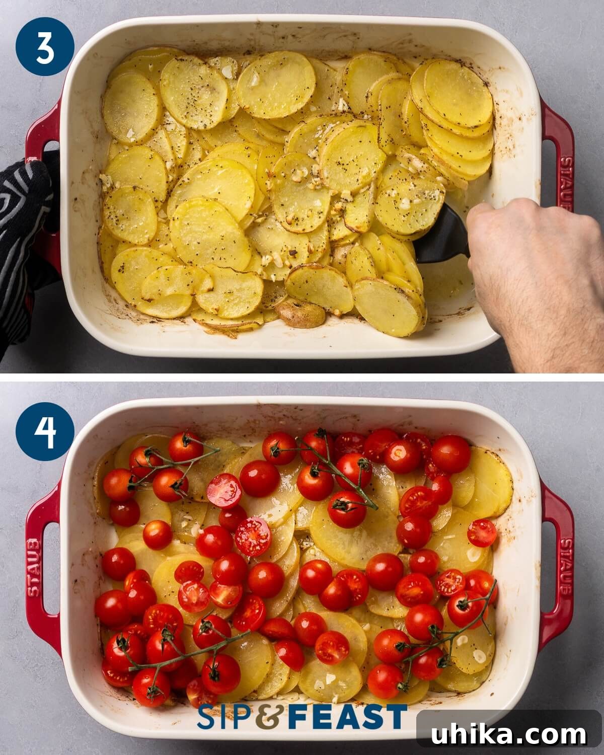 Zesty Lemon Garlic Cod with Golden Potatoes 6 Collage showing potatoes being flipped after baking and cherry tomatoes being added to the dish.