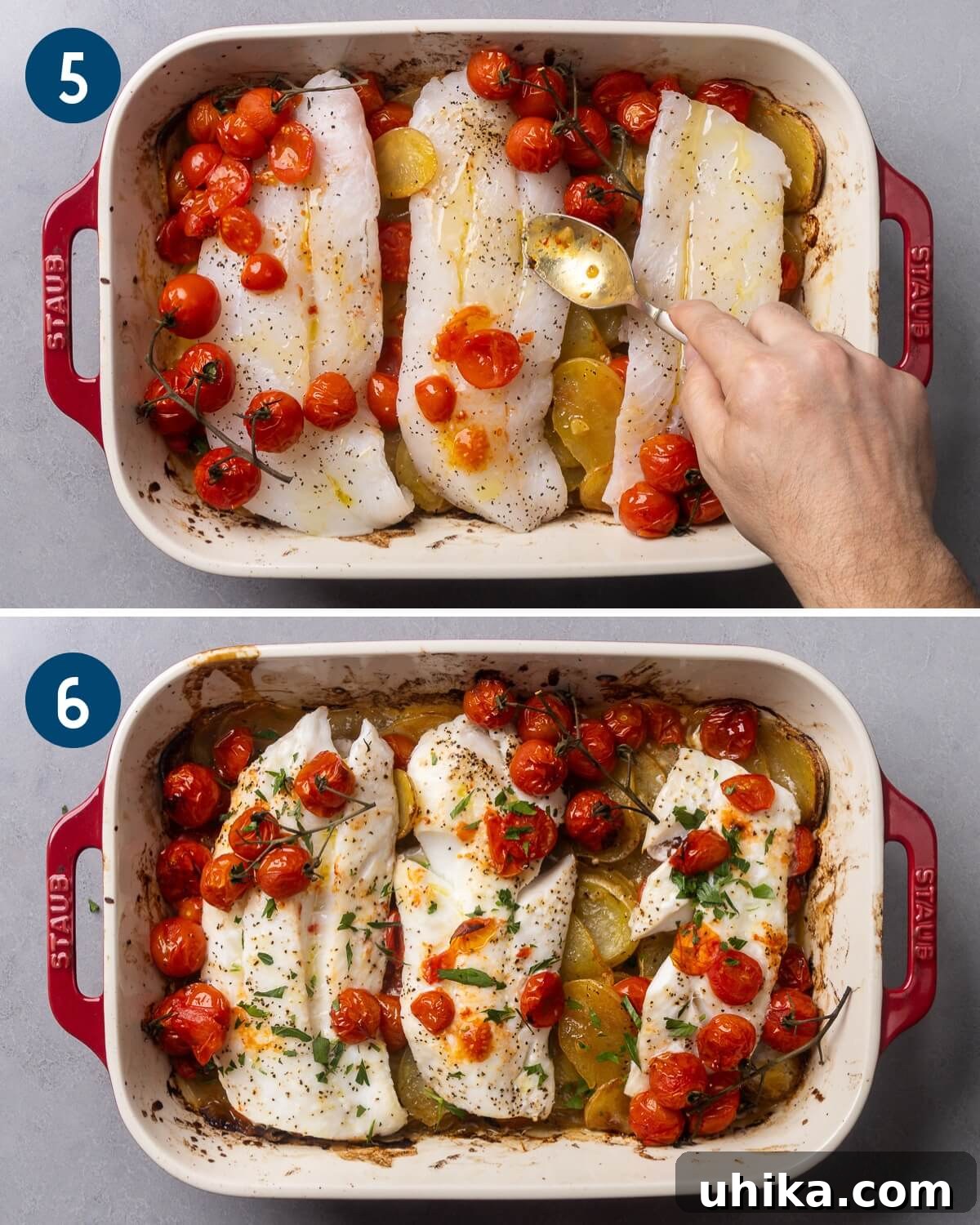 Zesty Lemon Garlic Cod with Golden Potatoes 7 Collage showing cod fillets being added to the dish, spooning sauce over them, and the final baked dish garnished with parsley.