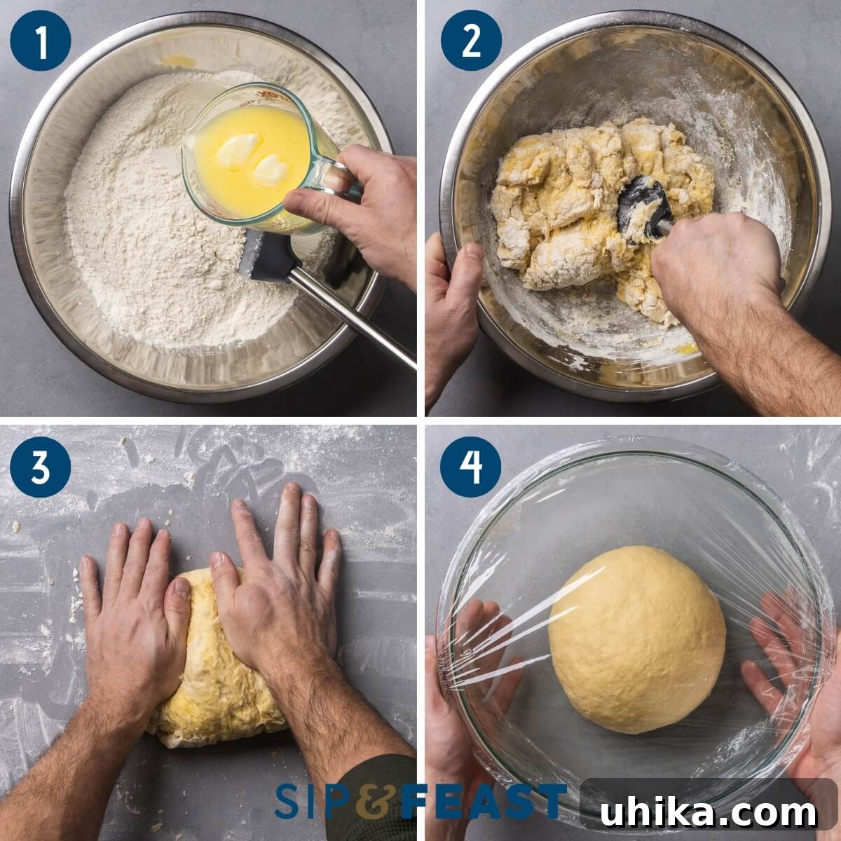 Caramel-Drenched Homemade Sticky Buns 5 Recipe process shot collage group one showing pouring warm milk and butter into dry ingredients, mixing the dough with a spatula, kneading the dough by hand on a floured surface, and placing the dough ball into an oiled bowl covered with plastic wrap for proofing.