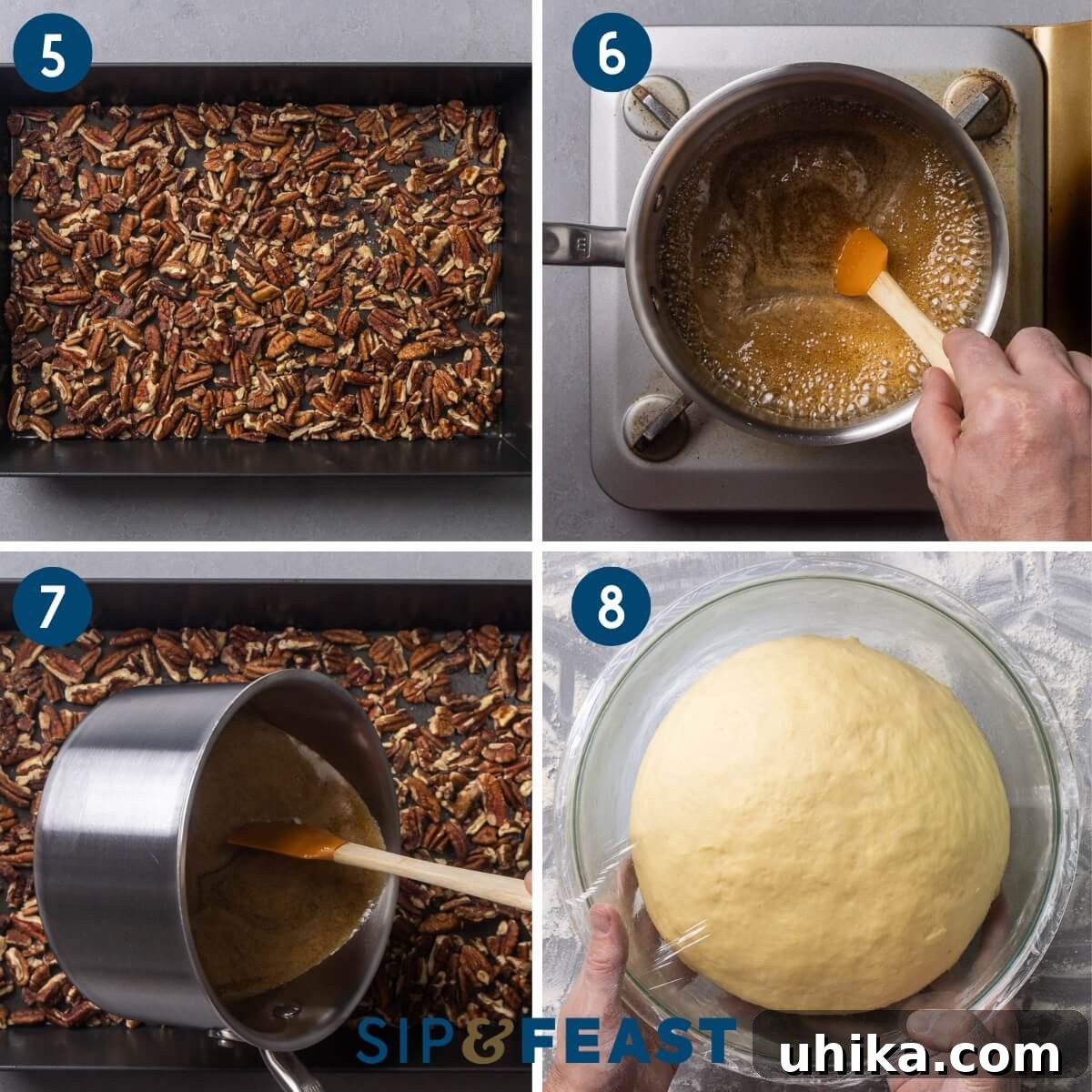 Caramel-Drenched Homemade Sticky Buns 6 Collage two showing adding the chopped pecans to bottom of baking pan, heating the sugar syrup mixture in a saucepot, pouring the hot syrup onto the pecans in the pan, and holding the proofed dough ball which has doubled in size.