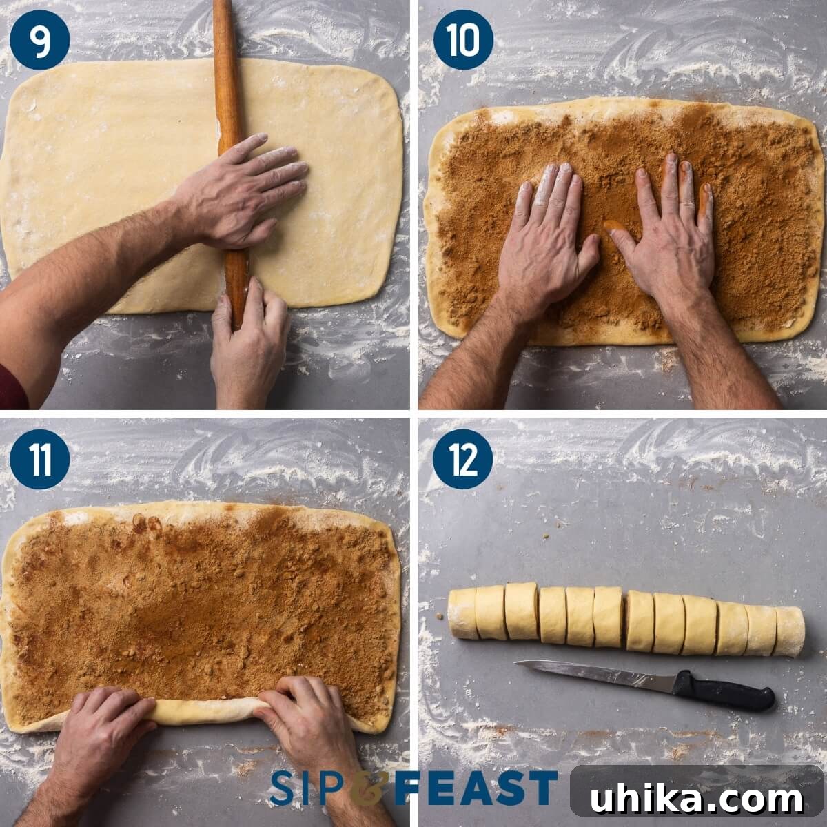 Caramel-Drenched Homemade Sticky Buns 7 Collage three showing rolling the dough ball into a large rectangle, spreading the brown sugar and cinnamon mixture onto the dough, rolling the dough into a tight log from one end, and cutting the log into 12 equal pieces with a sharp knife.