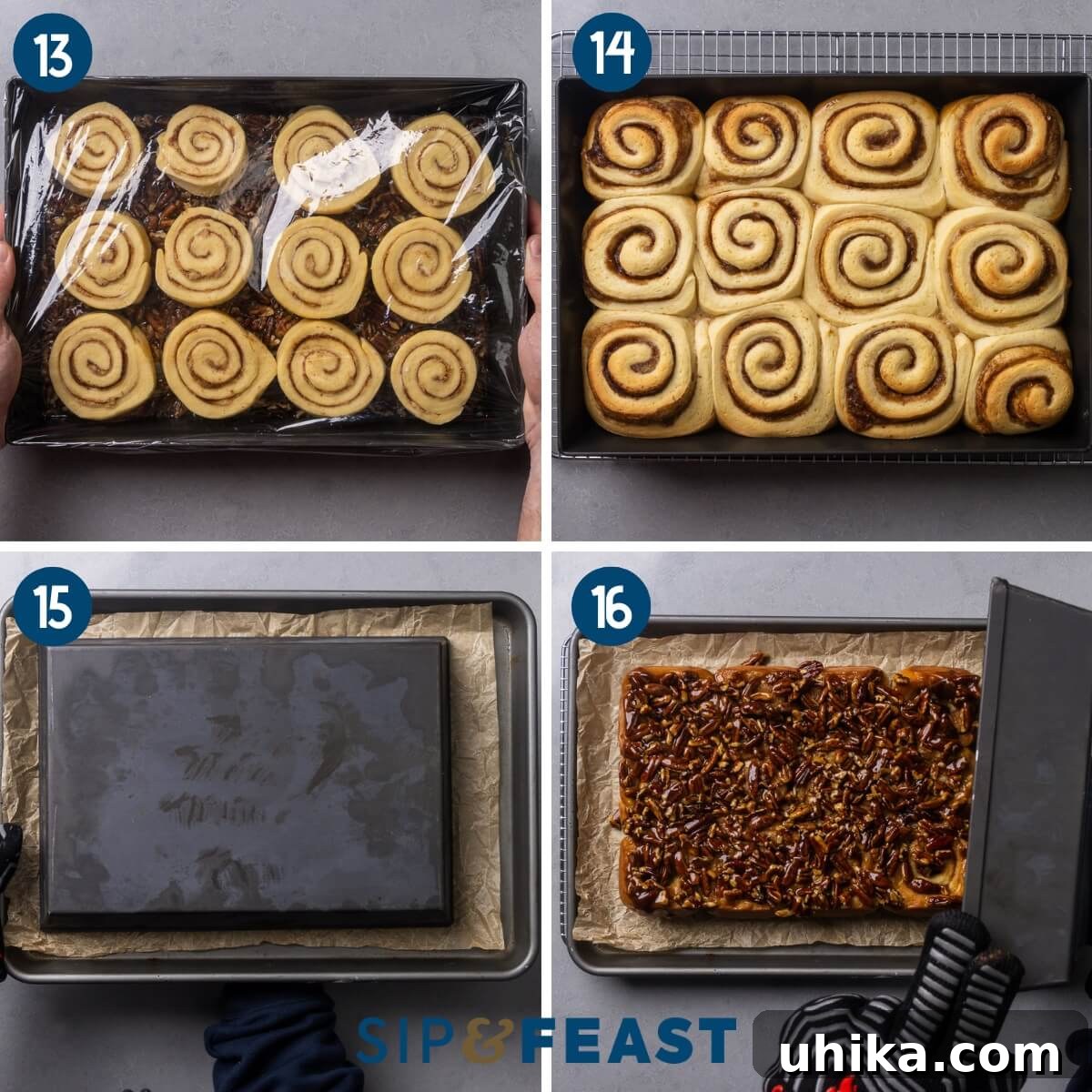 Caramel-Drenched Homemade Sticky Buns 8 Collage four showing placing the cut rolls into baking pan with pecan topping and covering with plastic wrap, the golden-baked sticky buns fresh from the oven, and inverting the baking pan to flip the sticky buns onto a parchment paper-lined baking sheet.