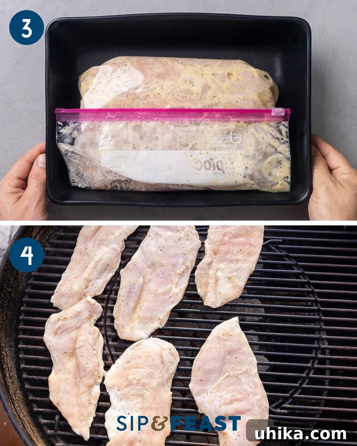 Effortlessly Delicious Marinated Grilled Chicken 6 Recipe collage two showing placing the chicken and marinade in a sealable bag and grilling the chicken on a charcoal grill.
