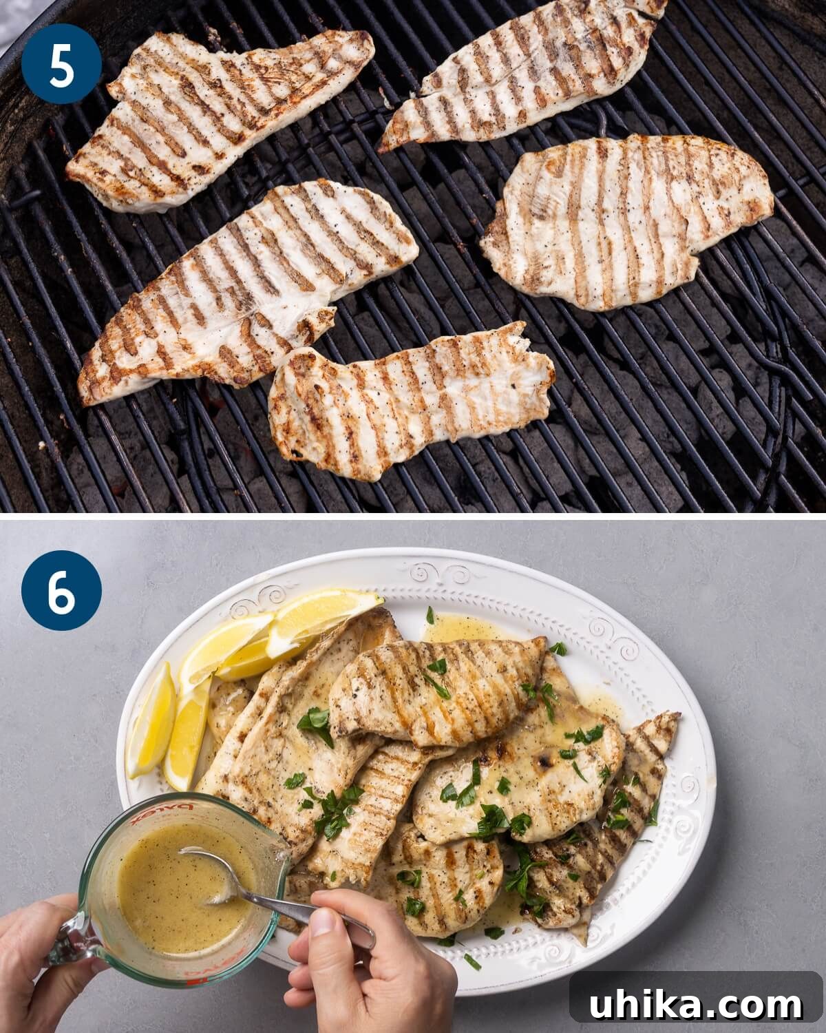 Effortlessly Delicious Marinated Grilled Chicken 7 Recipe collage three showing grilling the chicken and spooning some of the reserved marinade over the finished grilled chicken.