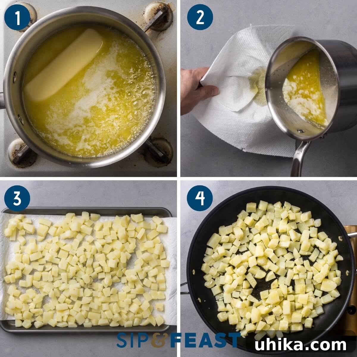 Steakhouse Skillet Potatoes 5 Recipe process shot collage group one showing melting butter, straining the solids, drying diced potatoes on paper towels, and frying the potatoes in oil.