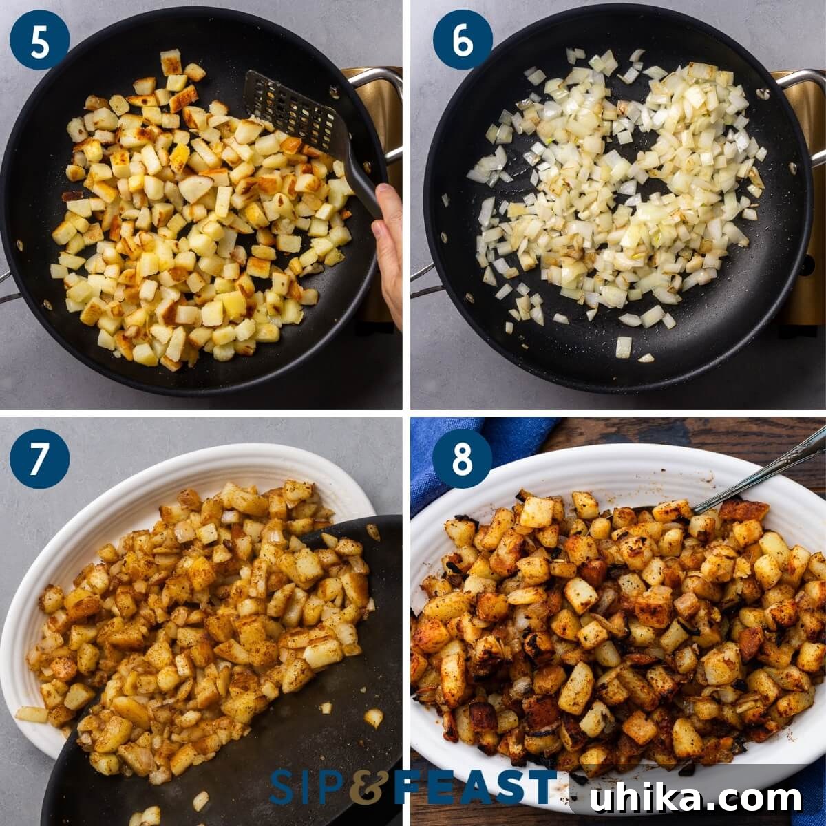 Steakhouse Skillet Potatoes 6 Collage two showing frying the potatoes, frying the onions, adding the potatoes and onions to a baking dish, and the finished homefries.