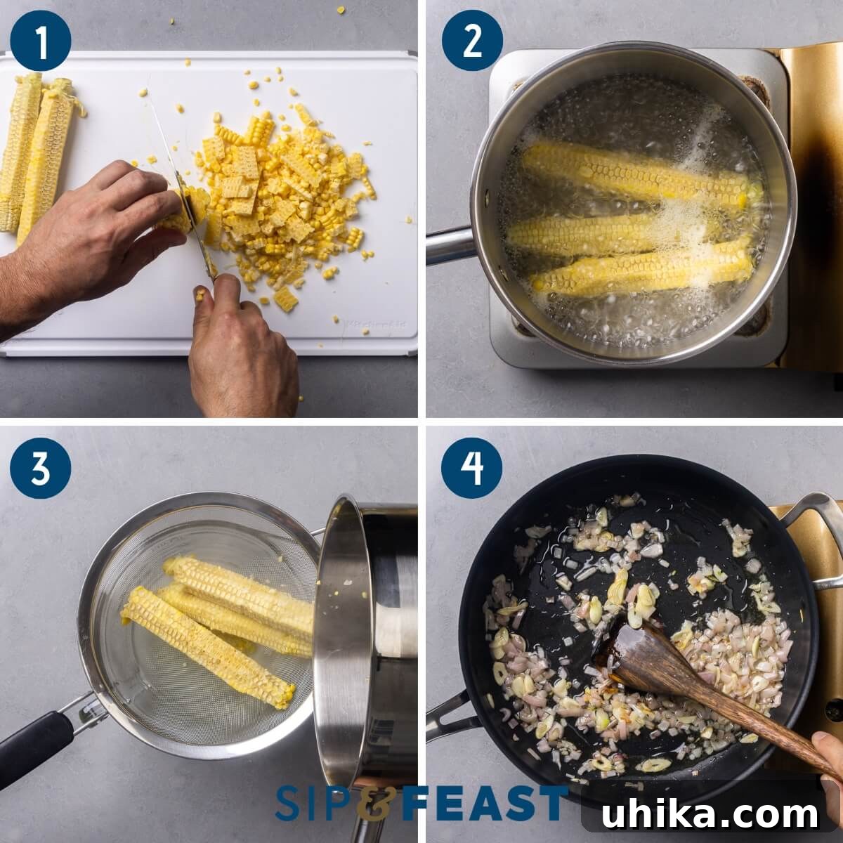 Sunshine in a Bowl: Easy Creamy Corn Pasta 5 Recipe process shot collage group one showing cutting fresh corn from cobs, boiling the cobs, straining the corn stock, and sauteing onions and shallots.