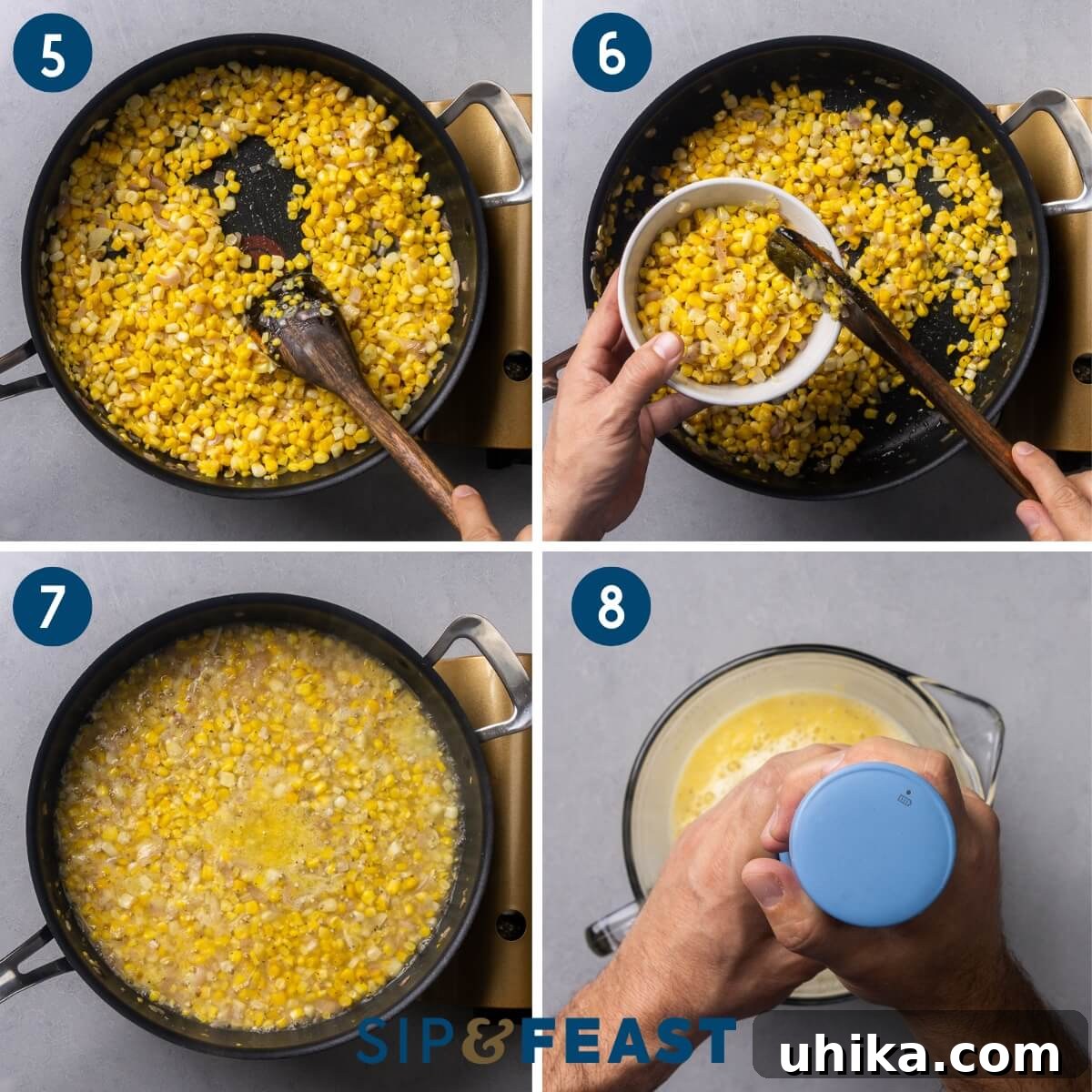 Sunshine in a Bowl: Easy Creamy Corn Pasta 6 Collage two showing sauteing the corn kernels, removing half of the kernels to a bowl, adding stock and wine to the corn, and pureeing the corn.