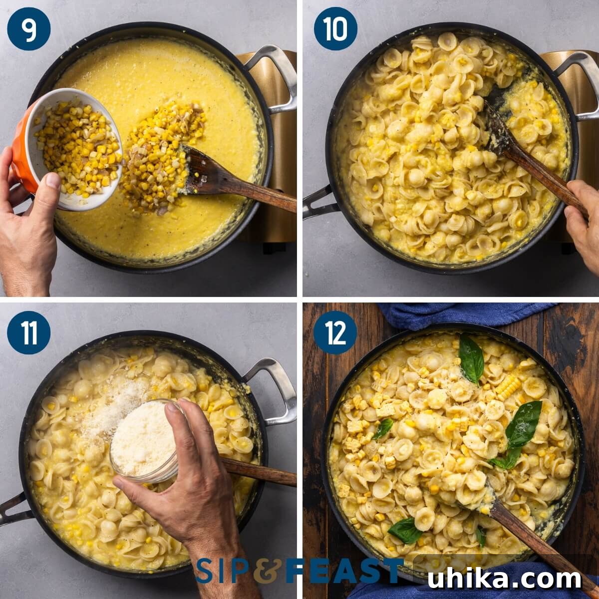 Sunshine in a Bowl: Easy Creamy Corn Pasta 7 Collage three showing returning the saved whole kernels to the sauce, mixing in the pasta, adding the grated parmesan, and the finished dish topped with basil leaves.