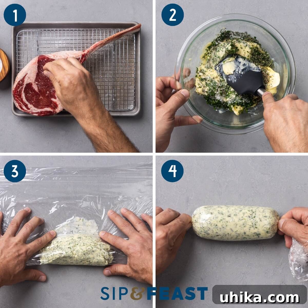 Tomahawk Steak: Grill It Like a Pro 5 Recipe process shot collage group one showing salting the tomahawk steak, mixing herbs into butter, and rolling the compound butter in plastic wrap.