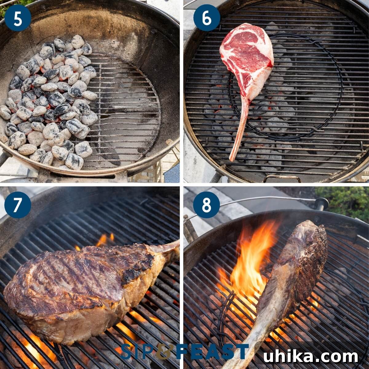 Tomahawk Steak: Grill It Like a Pro 6 Collage two showing preparing the grill for direct and indirect cooking, grilling the steak, and grilling the narrow sides of the steak.