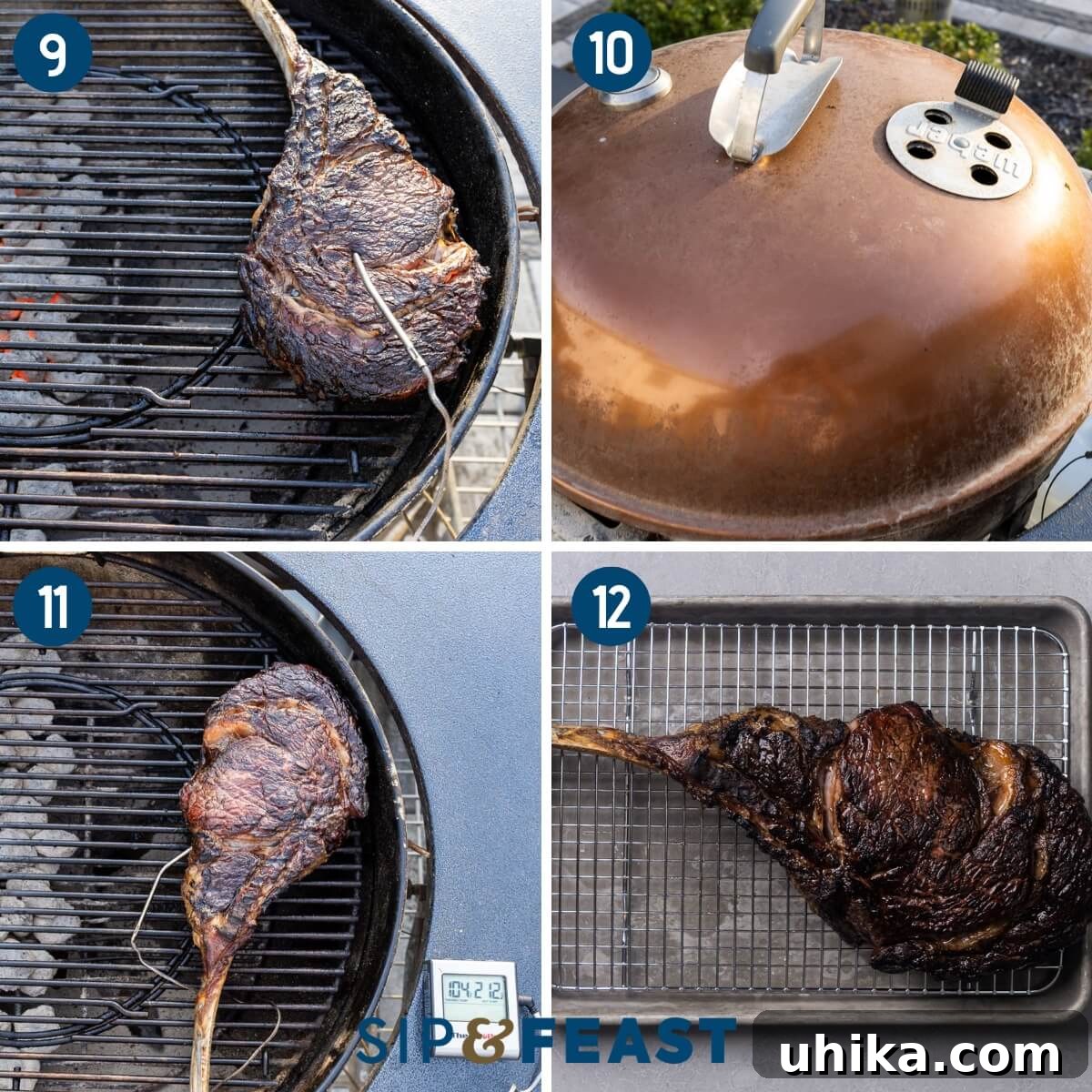 Tomahawk Steak: Grill It Like a Pro 7 Collage three showing probing the steak for indirect cooking, covering the grill with lid, and the finished steak.
