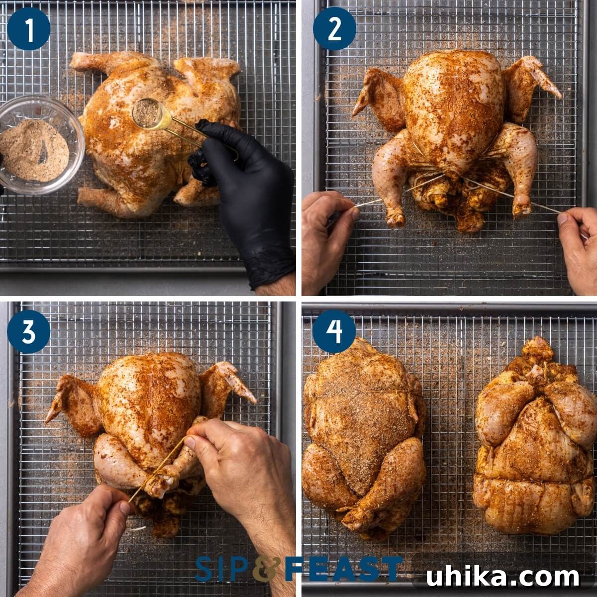 How to Make Authentic Rotisserie-Style Chicken at Home 5 Recipe process shot collage group one showing seasoning the whole chicken with spice rub, trussing the chicken, and placing the chicken on a wire rack.