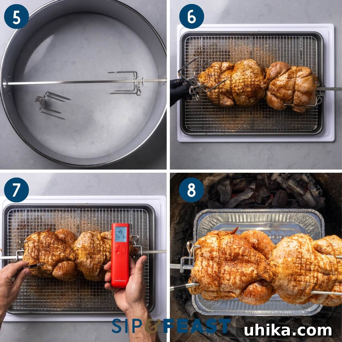 How to Make Authentic Rotisserie-Style Chicken at Home 6 Collage two showing the Only Fire Weber attachment ring and rod with prongs, sliding the chickens onto the rod, placing the wireless thermometer probe into the breast meat, and the chicken roasting over the rotisserie.