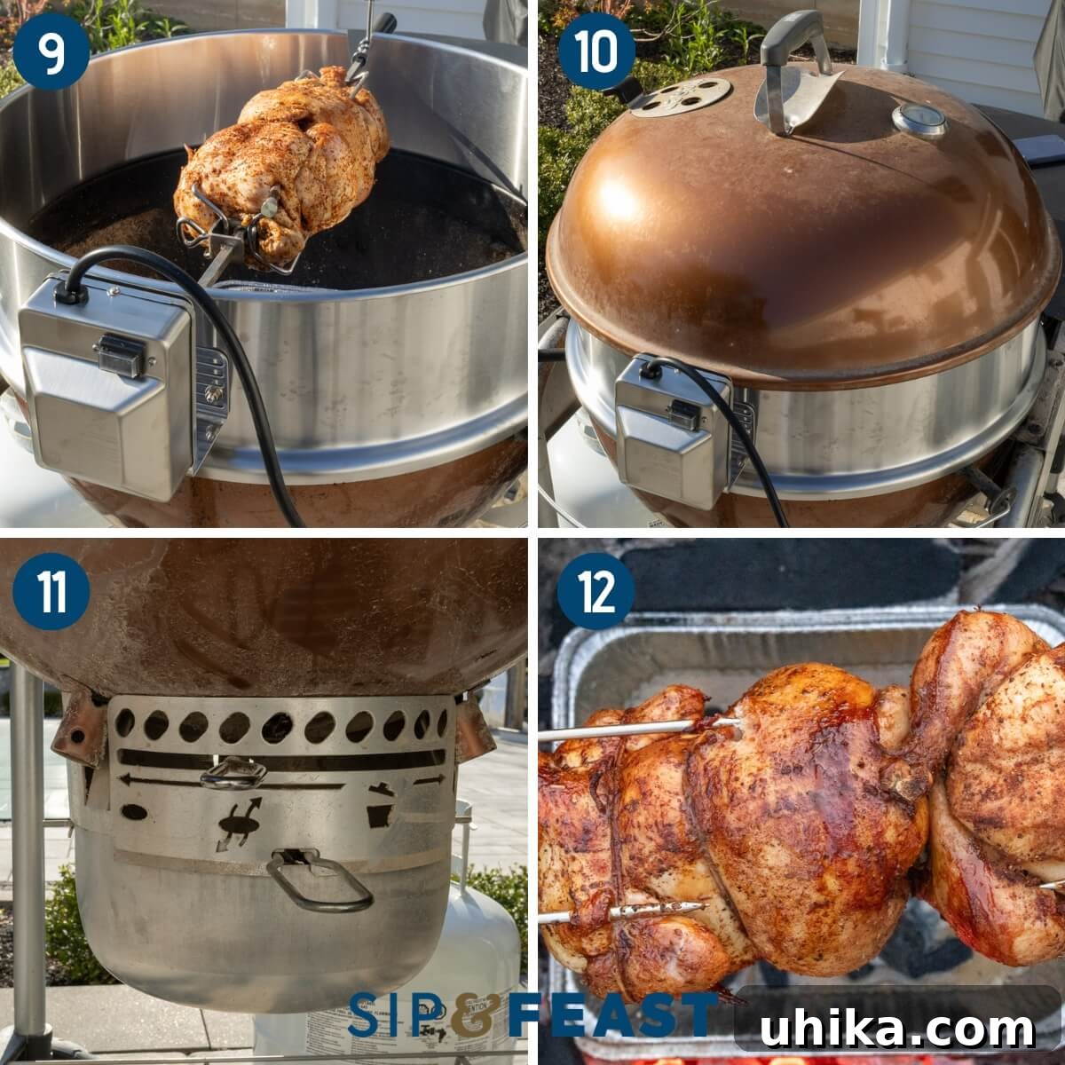How to Make Authentic Rotisserie-Style Chicken at Home 7 Collage three showing the rotisserie chicken turning on the weber attachment, covering the grill, showing the bottom damper, and the finished fully cooked rotisserie chicken.
