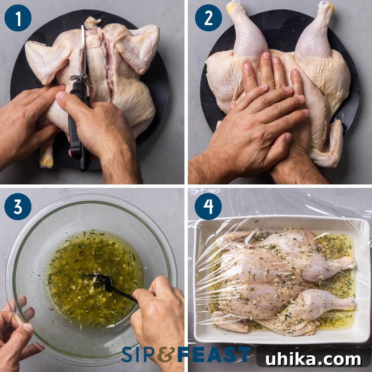 Tuscan Brick-Roasted Chicken with Garlic and Herbs 5 Recipe process shot collage group one showing cutting the backbone out of the chicken, flattening the chicken, whisking marinade, and pouring marinade over the chicken.
