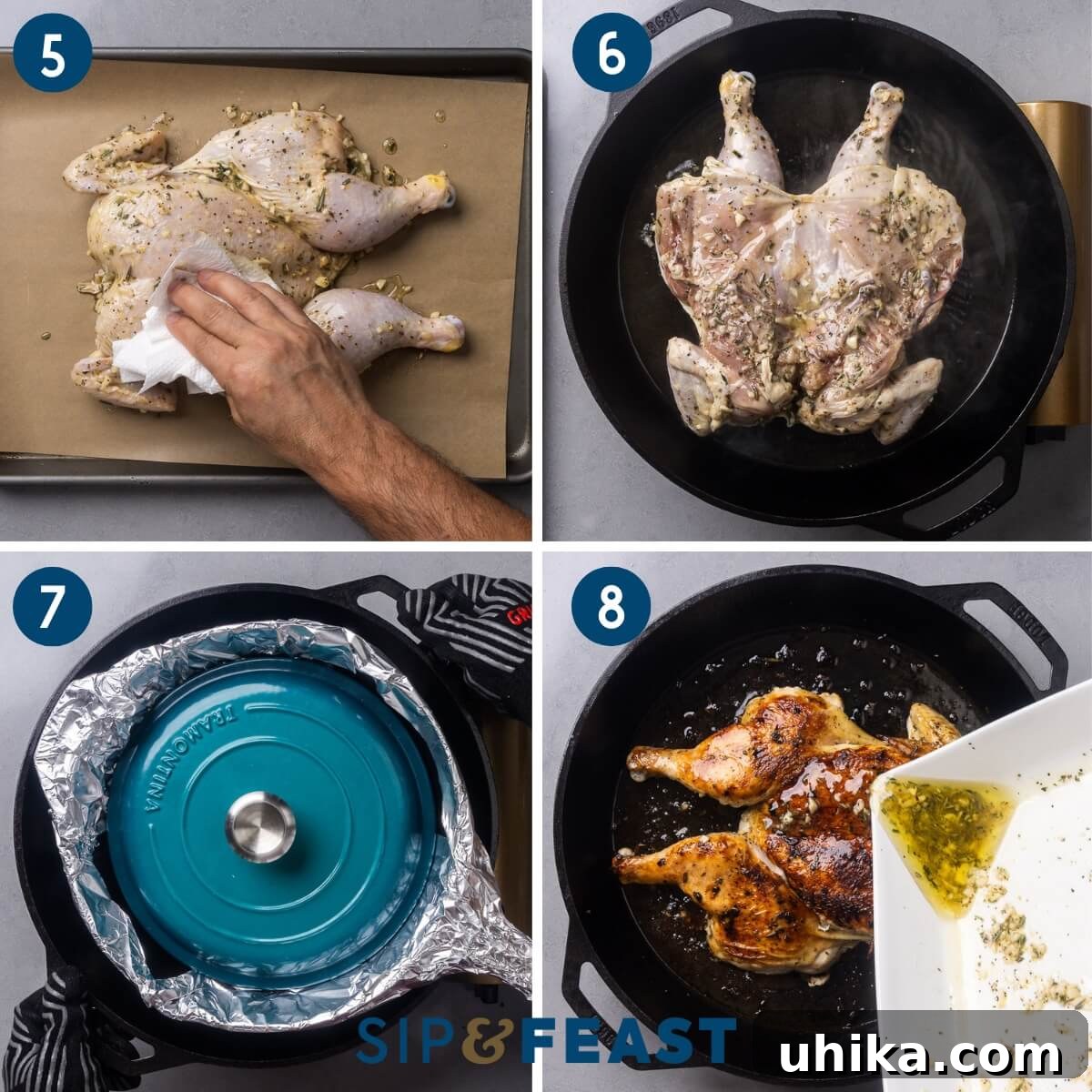 Tuscan Brick-Roasted Chicken with Garlic and Herbs 6 Collage two showing patting chicken dry of residual moisture, pan searing the chicken breast side down with weighted pan on top, and pouring the marinade over the chicken.
