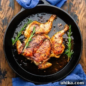 Tuscan Brick-Roasted Chicken with Garlic and Herbs 7 Roasted Tuscan chicken under a brick in cast iron pan.