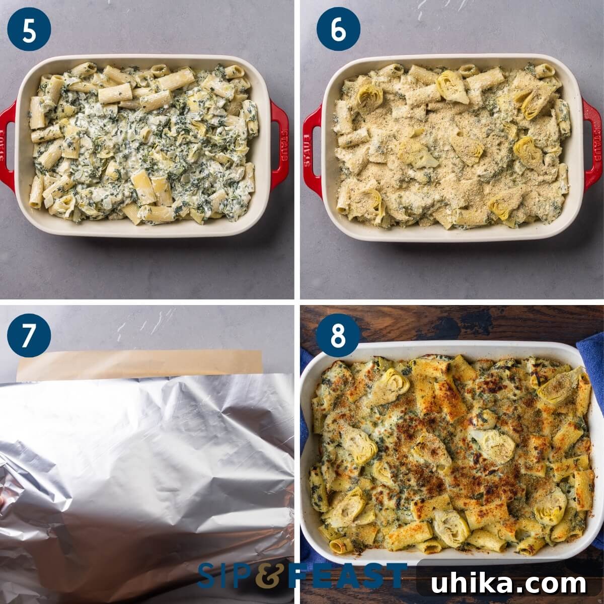 Creamy Baked Spinach and Artichoke Pasta Casserole 5 Collage showing the pasta being prepared and baked.