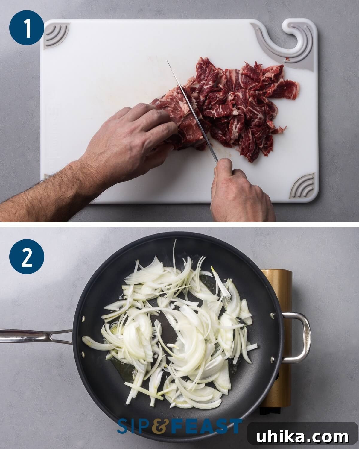 Roman-Style Beef with Peppery Arugula 5 Recipe process shot collage group one showing slicing the beef and sauteing the onions.