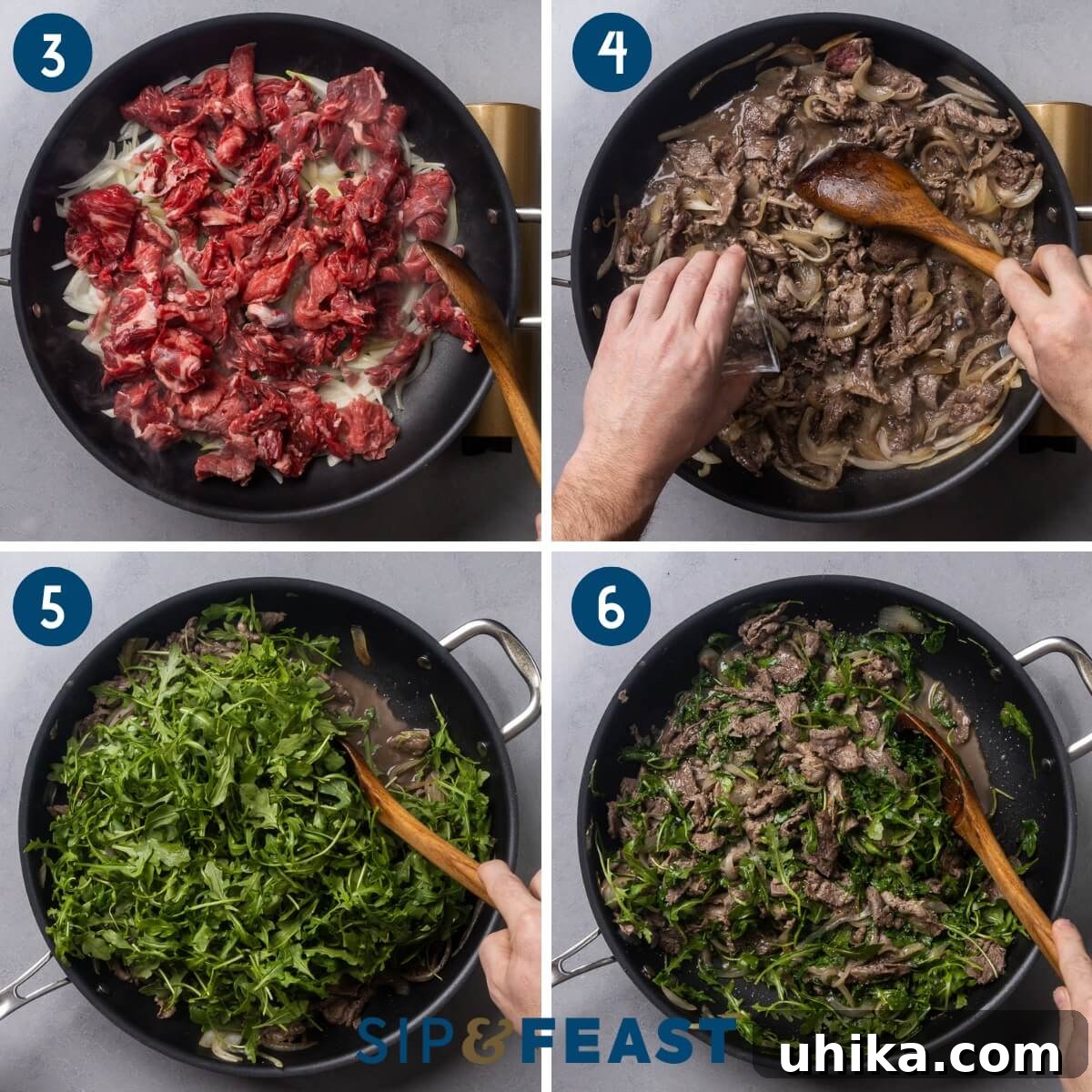 Roman-Style Beef with Peppery Arugula 6 Collage two showing searing the beef, adding the wine, adding the arugula, and seasoning with salt and pepper.