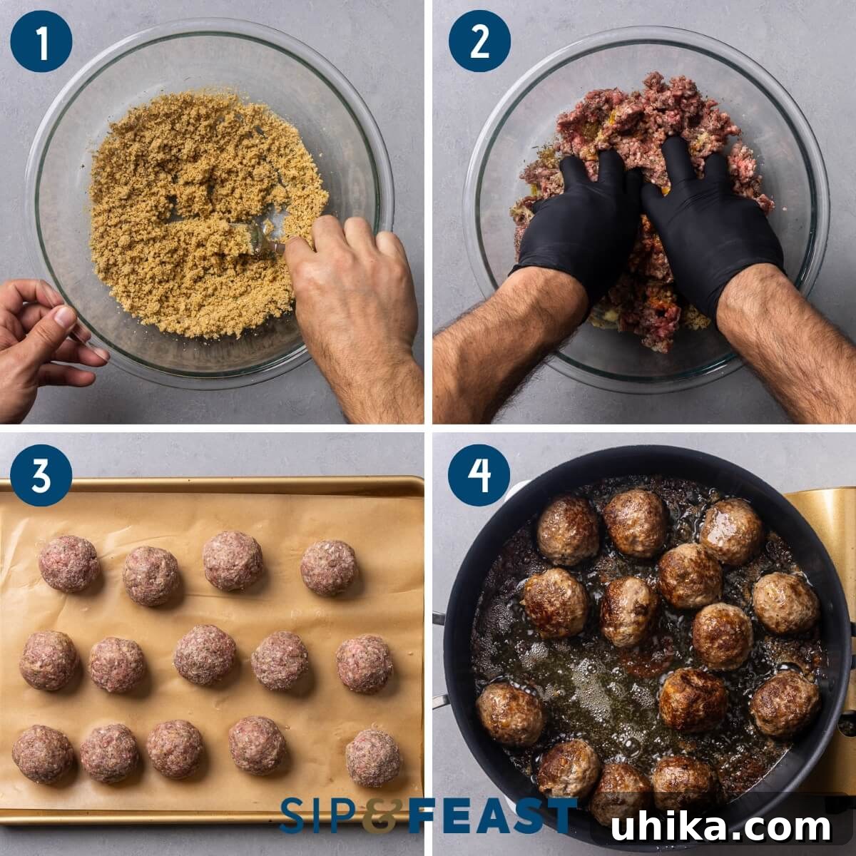 Marsala Meatballs with Creamy Mushroom Sauce 5 Recipe process shot collage group one showing making a panade, mixing the meatball mix, the formed meatballs, and frying the meatballs.