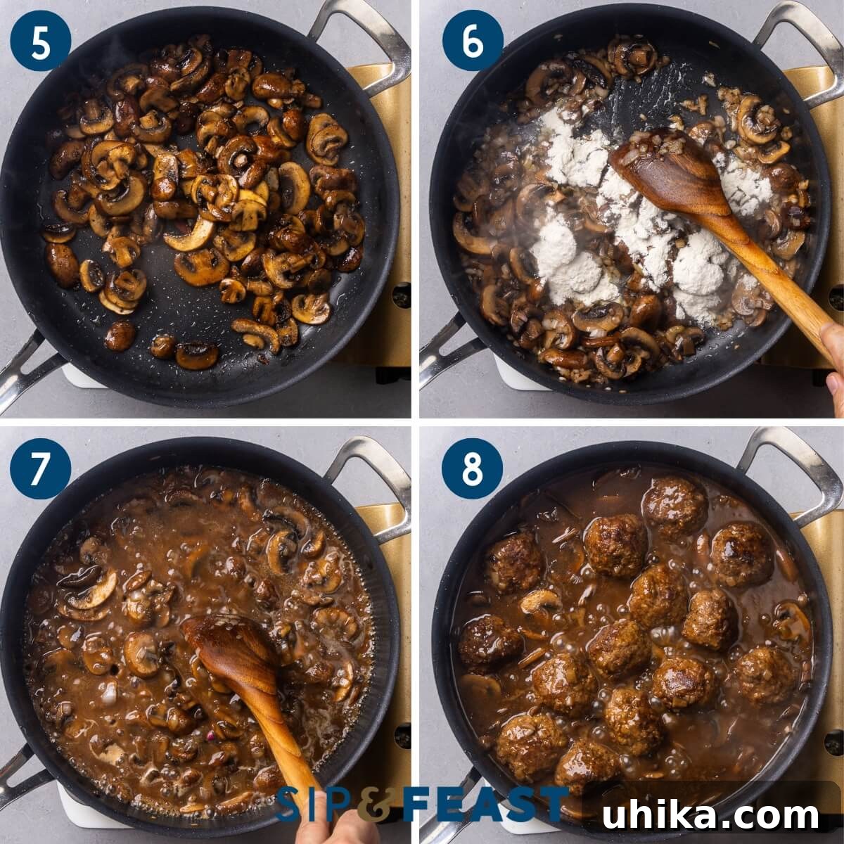 Marsala Meatballs with Creamy Mushroom Sauce 6 Collage two showing sauteing the mushrooms, adding the flour, making the sauce, and simmering the marsala meatballs in the sauce.