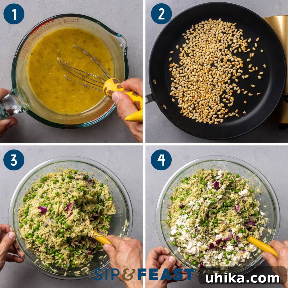 Lemon Herb Orzo Salad — Fresh Summer Side Dish 5 Recipe process shot collage showing making the lemon vinaigrette, toasting the pine nuts, tossing the salad, and mixing in the feta and pine nuts.