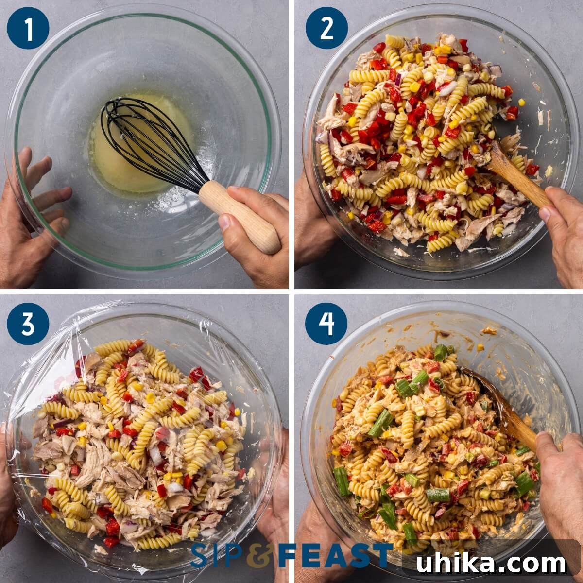 Sweet and Tangy BBQ Chicken Pasta Salad Recipe 5 Recipe process shot collage showing mixing the brine, mixing the chicken, pasta, and vegetables into the brine, covering with plastic wrap, and mixing the mayonnaise into the salad.