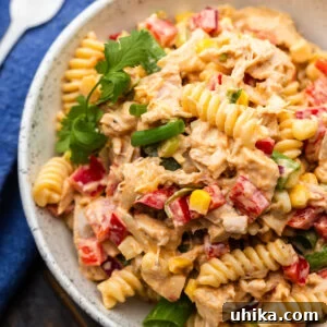 Sweet and Tangy BBQ Chicken Pasta Salad Recipe 6 Barbecue chicken pasta salad in white bowl.