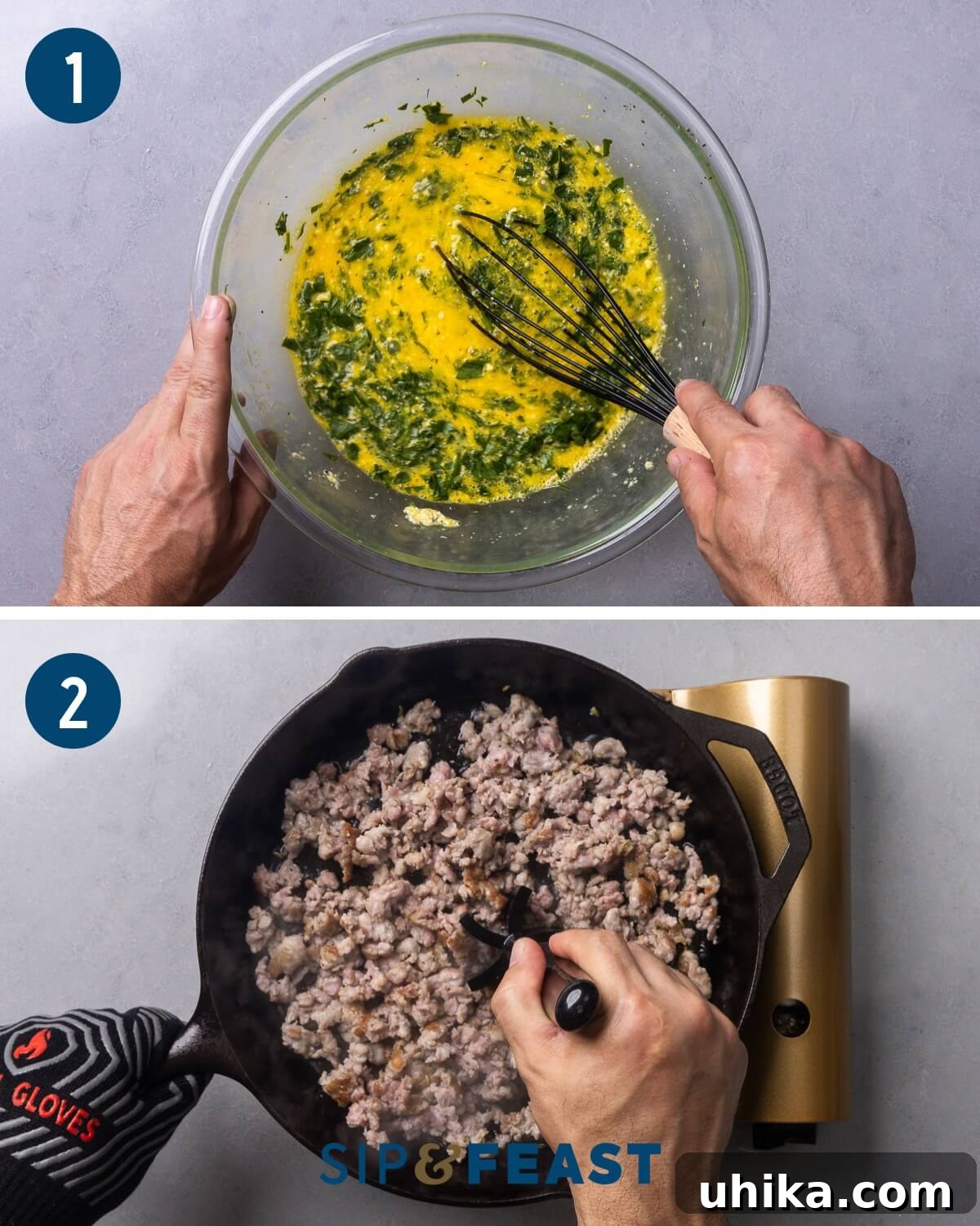 Sausage and Mushroom Frittata Recipe for Busy Weeknights 5 Recipe process shot collage group one showing beating eggs, parsley, and cheese and searing the Italian sausage.