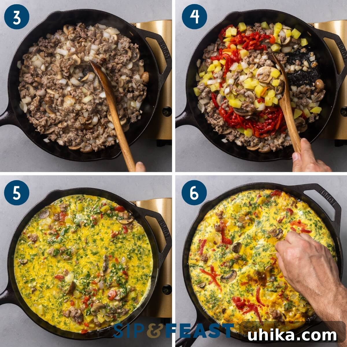 Sausage and Mushroom Frittata Recipe for Busy Weeknights 6 Collage two showing adding the onions to the sausage and mixing in the potatoes and roasted red peppers, pouring the egg mixture into pan, and testing the frittata for doneness.