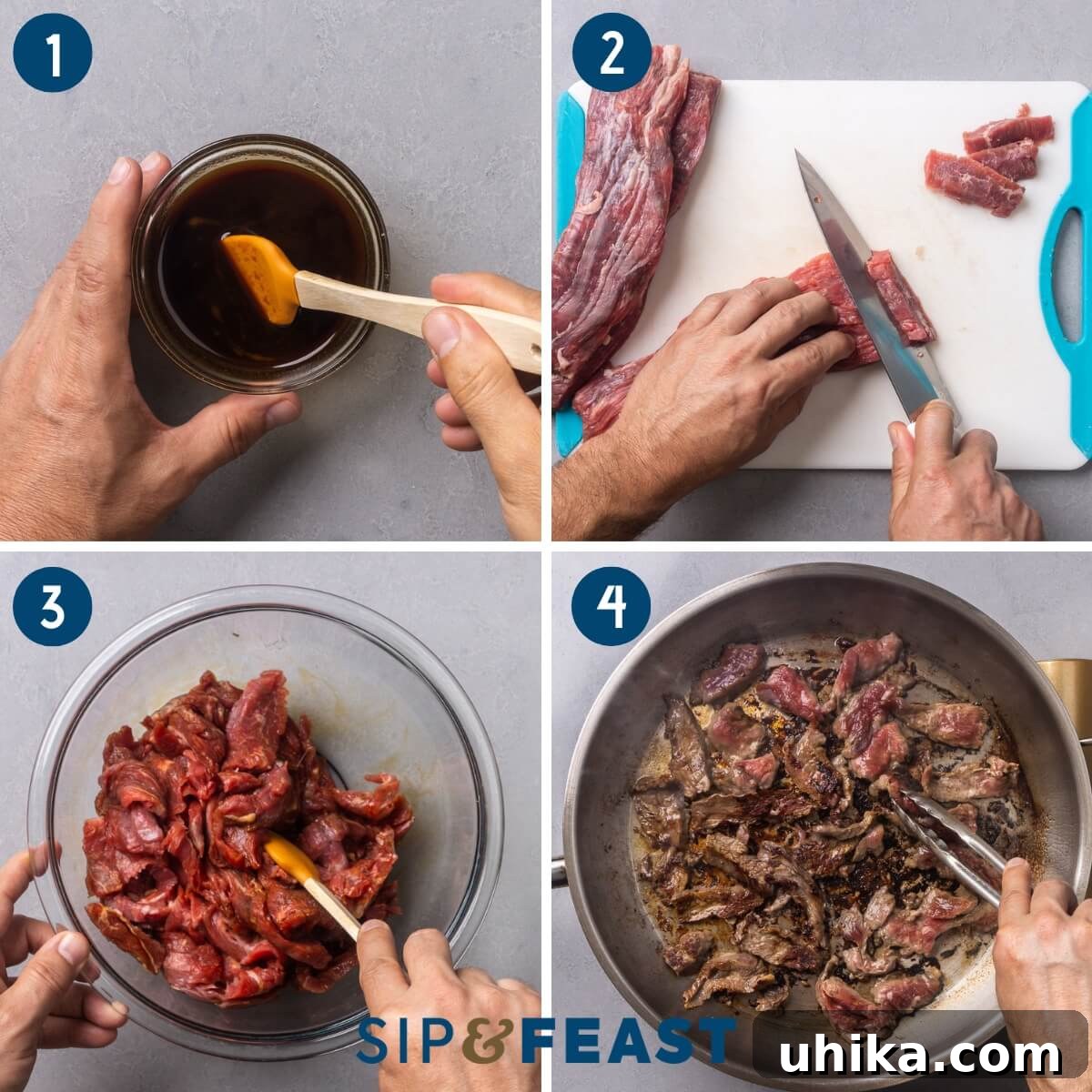 Lomo Saltado: Classic Peruvian Beef Stir-Fry Recipe 5 Recipe process shot collage one showing mixing the sauce, slicing the flank steak, marinating the beef, and searing the beef.