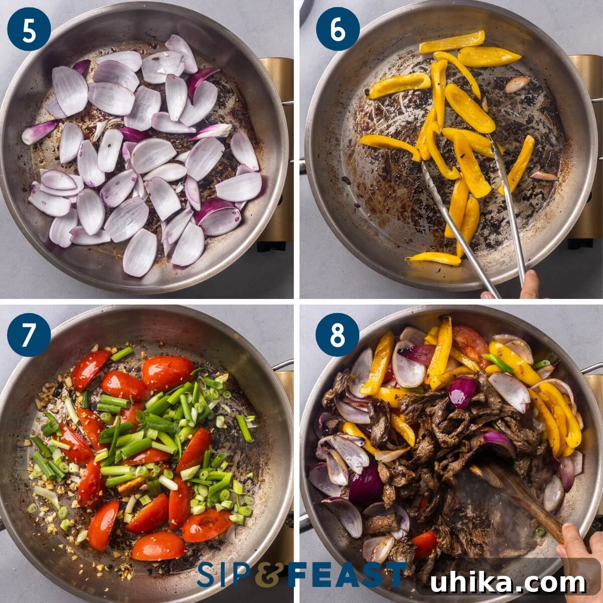 Lomo Saltado: Classic Peruvian Beef Stir-Fry Recipe 6 Collage two showing sauteing the onions, bell pepper, and plum tomatoes, and mixing the beef back in with the sauce.