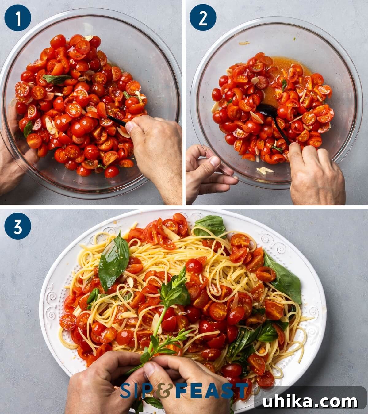 Fresh No-Cook Tomato Sauce Recipe — Perfect Summer Pasta Topping 5 Recipe process shot collage showing macerating the cherry tomatoes, showing the sauce after 1 hour, and garnishing the pasta with fresh basil.
