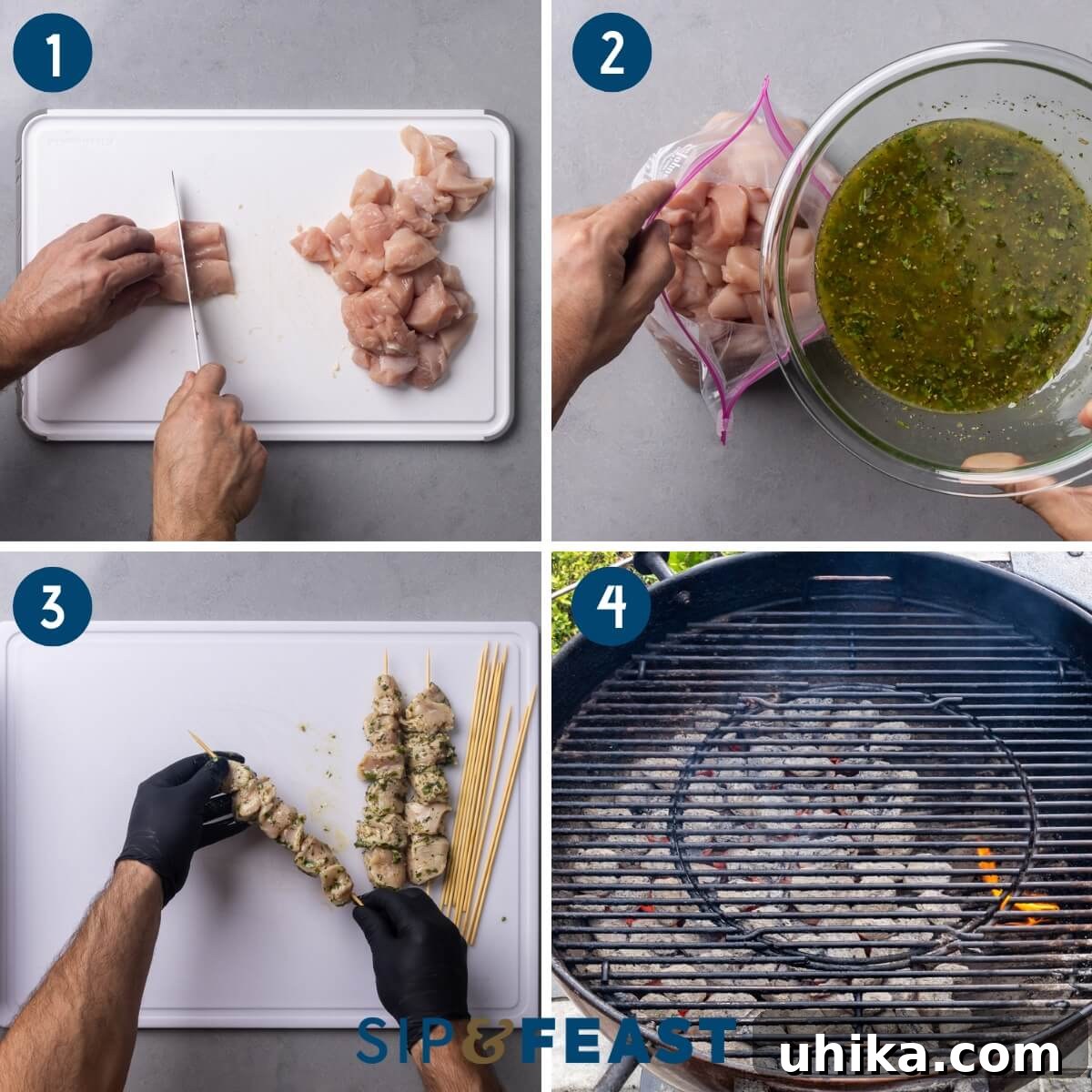 Chicken Spiedies Recipe: Tangy Italian-Marinated Grilled Sandwich 5 Recipe process shot collage group one showing cubing the chicken breasts, marinating the chicken, skewering the chicken, and setting up the grill.