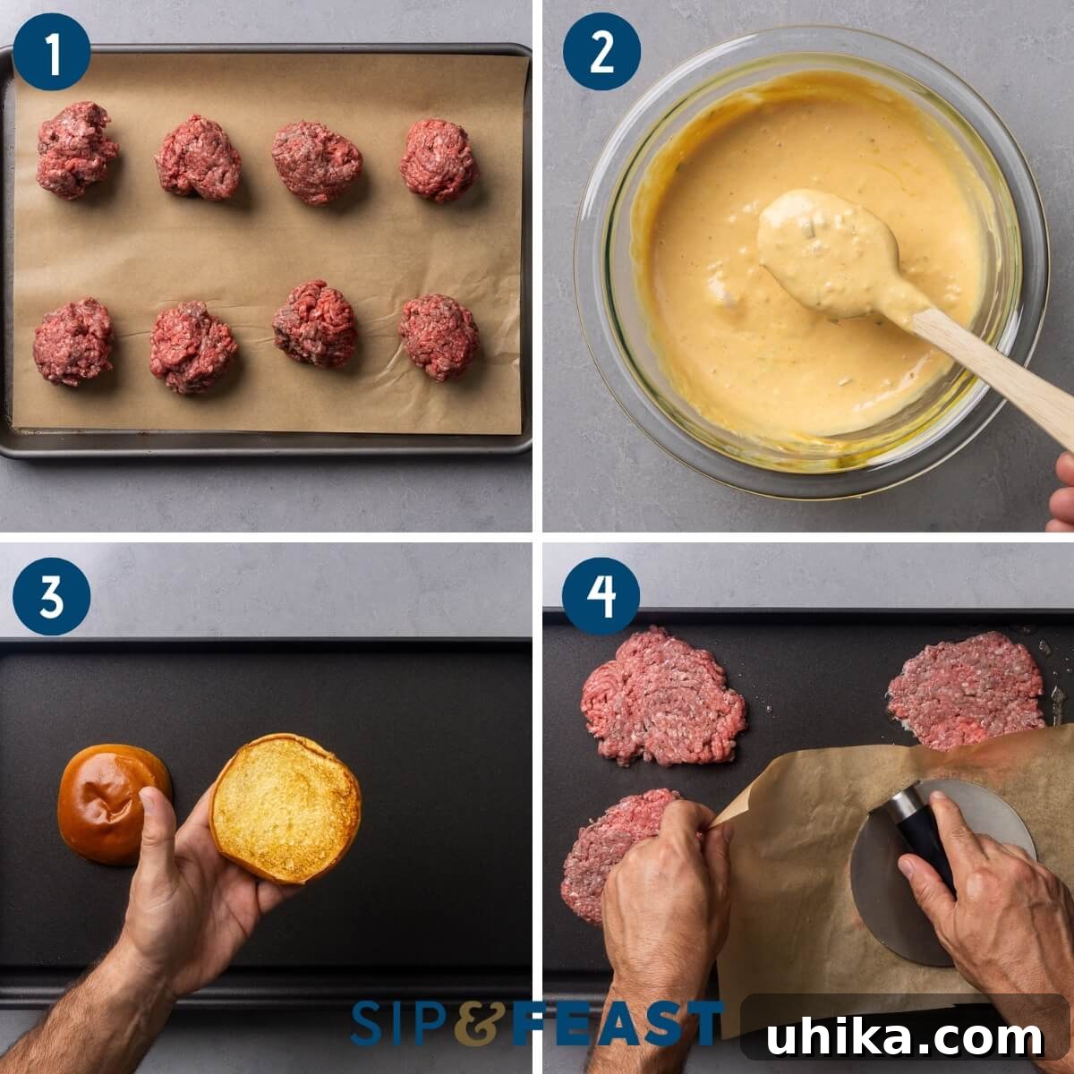 Crispy Smash Burgers with Zesty Signature Sauce 5 Recipe process shot collage group one showing the divided meat balls, the sauce, toasting the buns, and smashing the burger balls.