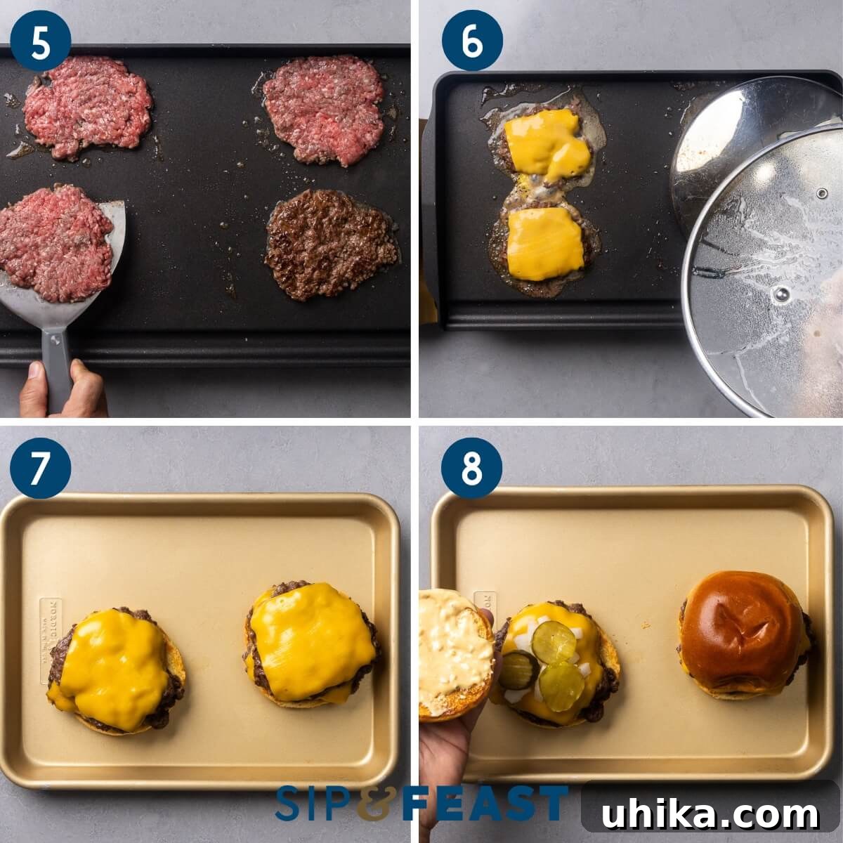 Crispy Smash Burgers with Zesty Signature Sauce 6 Collage two showing flipping the patties, melting the cheese, placing the burgers on the bun, and topping with onion, pickles, and smash burger sauce.
