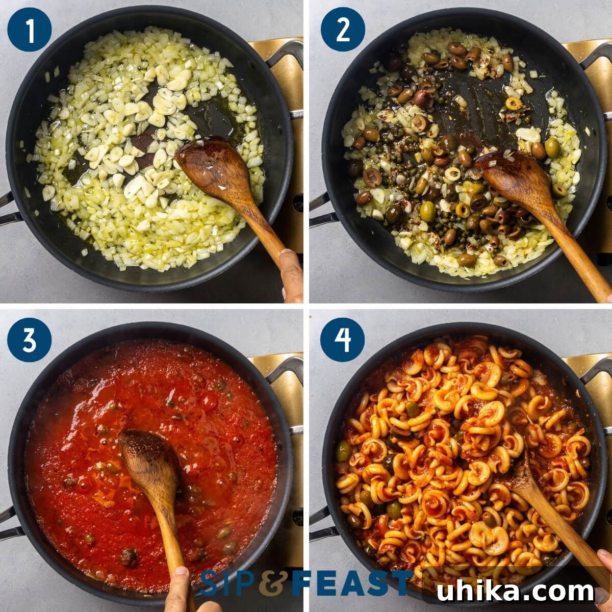 Pasta alla Vesuviana: Fiery Neapolitan Pasta 5 Recipe process shot collage group one showing sauteing the onions and garlic, adding the capers and olives, simmering the sauce, and finishing the pasta in the sauce.