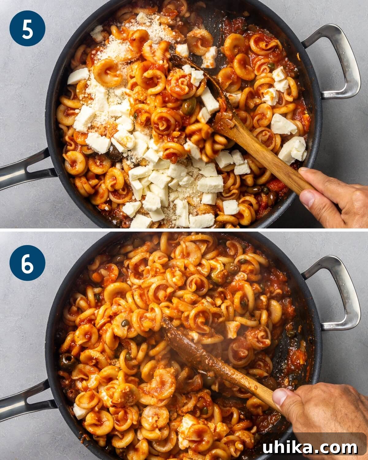 Pasta alla Vesuviana: Fiery Neapolitan Pasta 6 Collage two showing mixing in the mozzarella and parmesan to the pasta while off the heat.