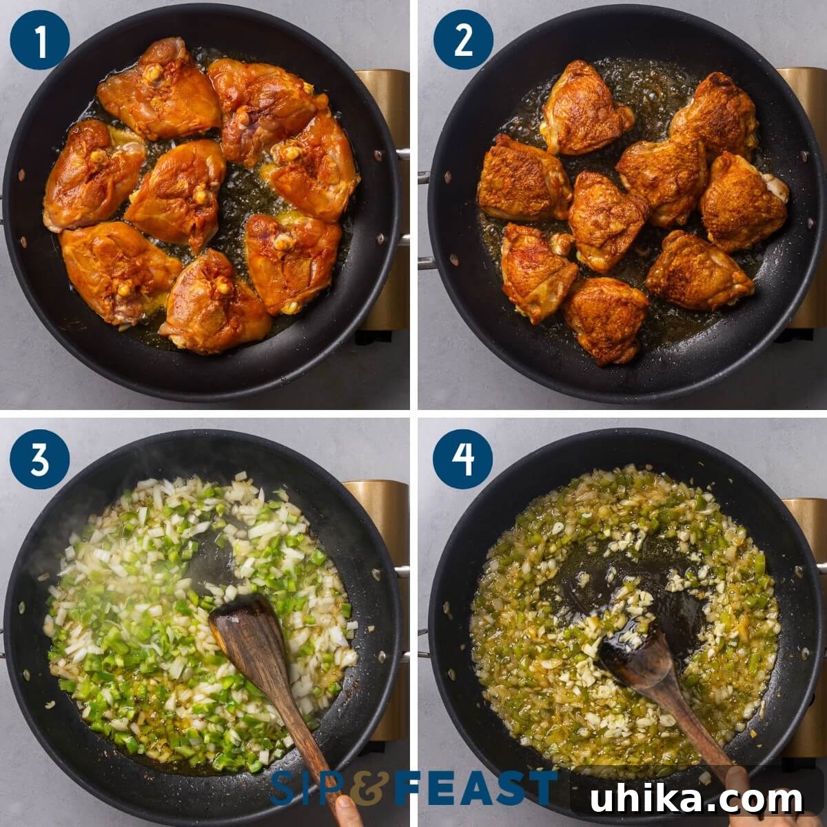 Arroz con Pollo: Spanish-Style Chicken and Rice 5 Recipe process shot collage group one showing searing the chicken thighs and making the sofrito.