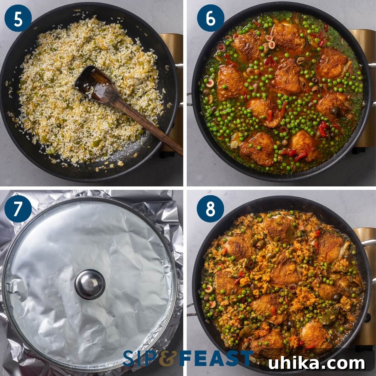 Arroz con Pollo: Spanish-Style Chicken and Rice 6 Collage two showing toasting the rice, simmering the chicken, covering the pan, and crisping the rice for the socarrat or el pegao.