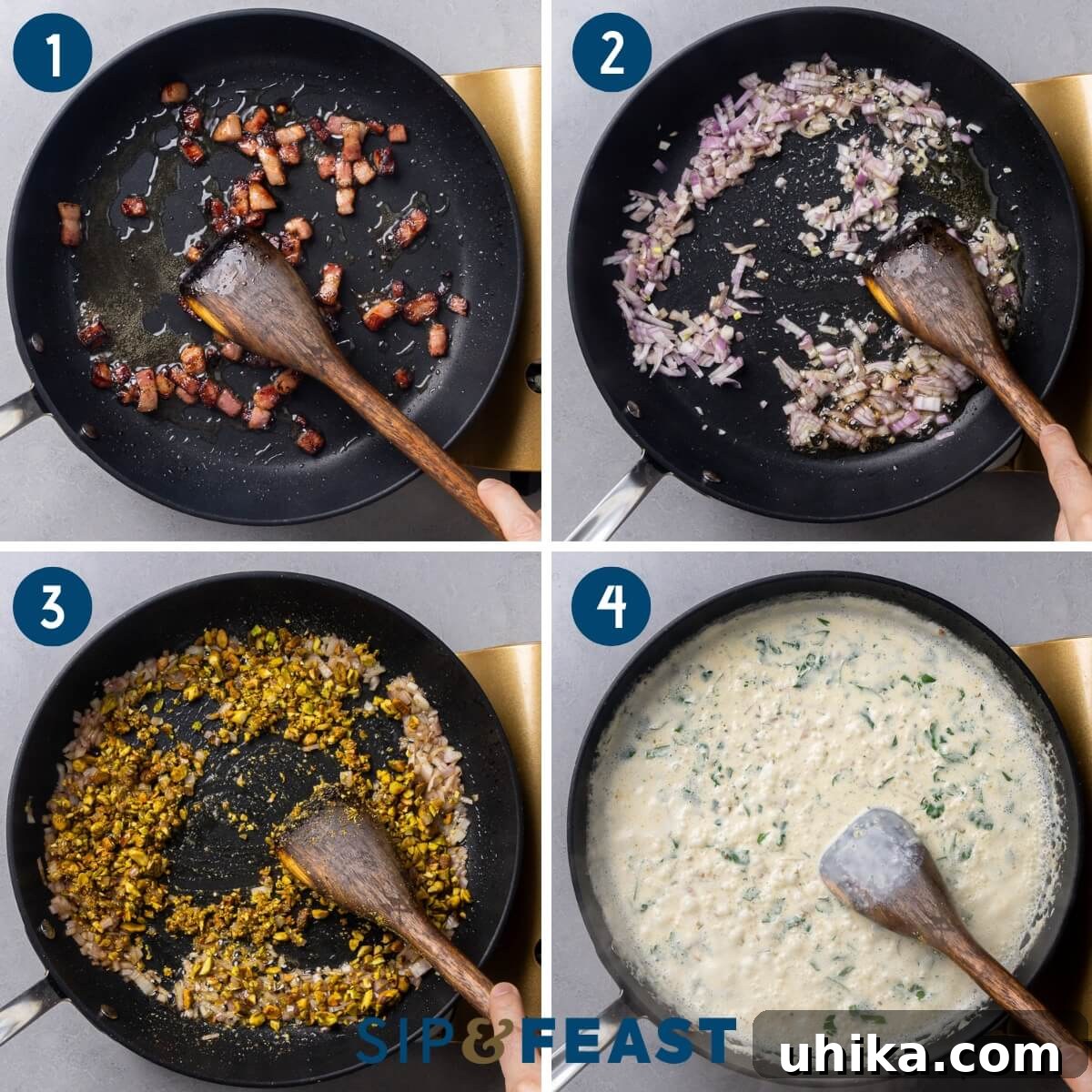 Pistachio Pesto Pasta with Lemon and Parmesan 5 Recipe process shot collage group one showing sauteing of pancetta, sauteing the shallot, sauteing the pistachios, and simmering with cream.