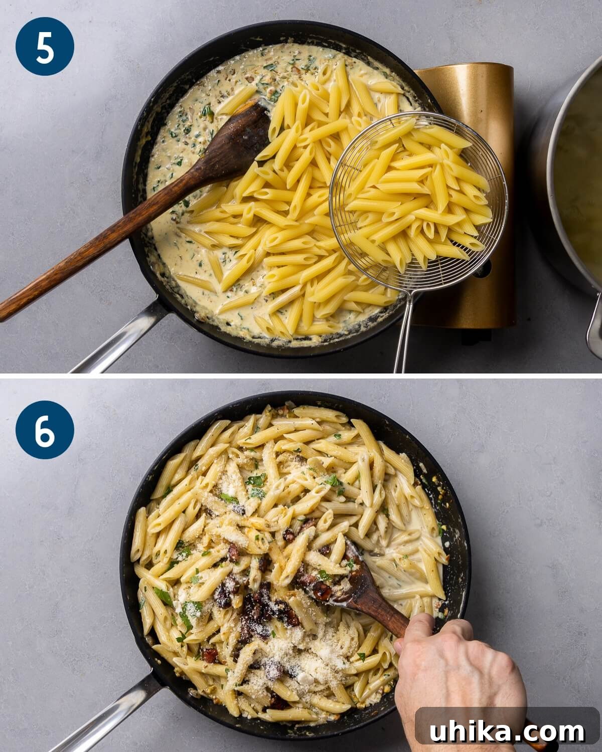Pistachio Pesto Pasta with Lemon and Parmesan 6 Collage two showing adding the pasta to the sauce and mixing the grated cheese and parsley into the finished dish.