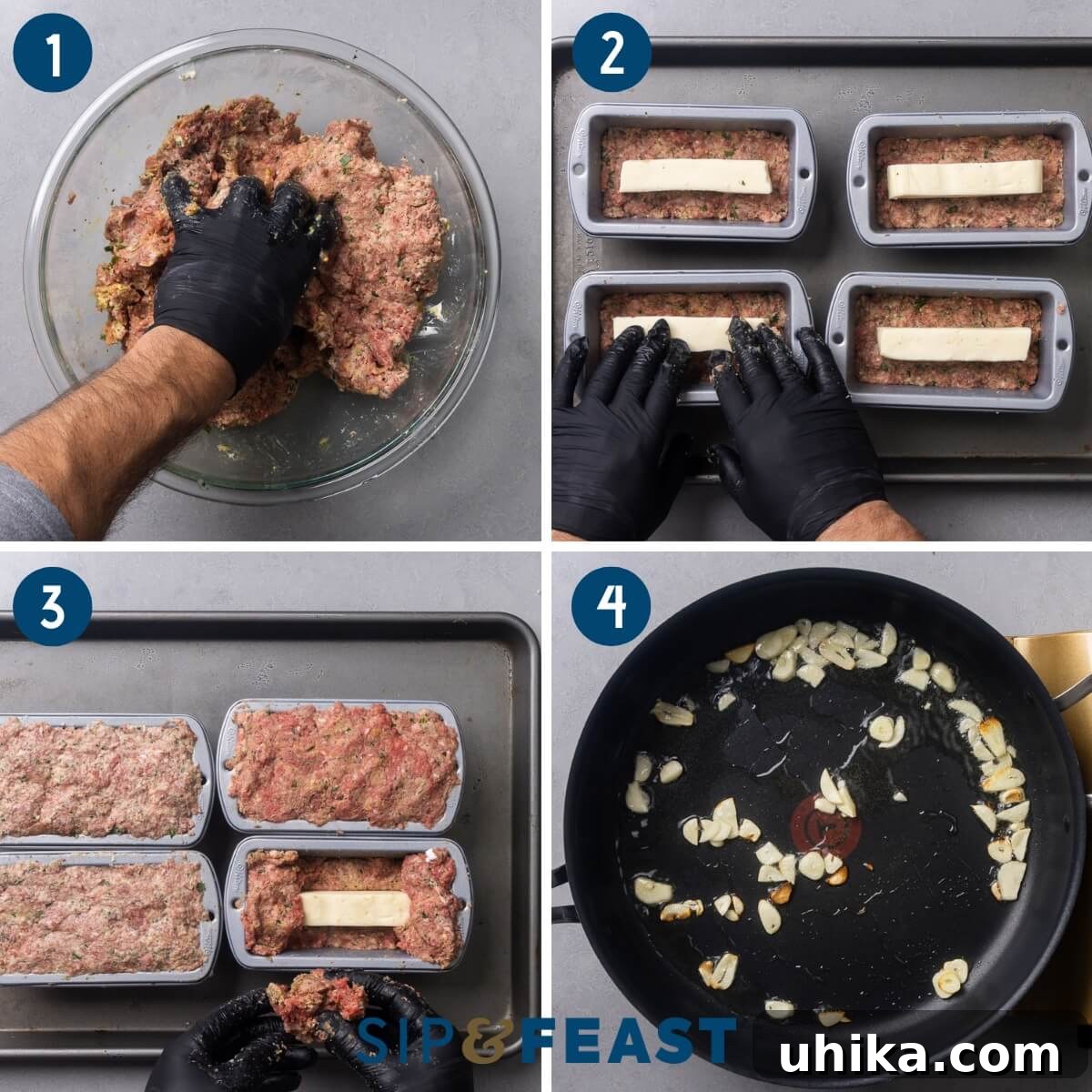 Mini Italian-Style Stuffed Meatloaves 5 Recipe process shot collage group one showing mixing the meatloaf mix, spreading the mix into mini loaf pans and topping with mozzarella, closing up the meat around the mozzarella, and sauteing garlic in olive oil.